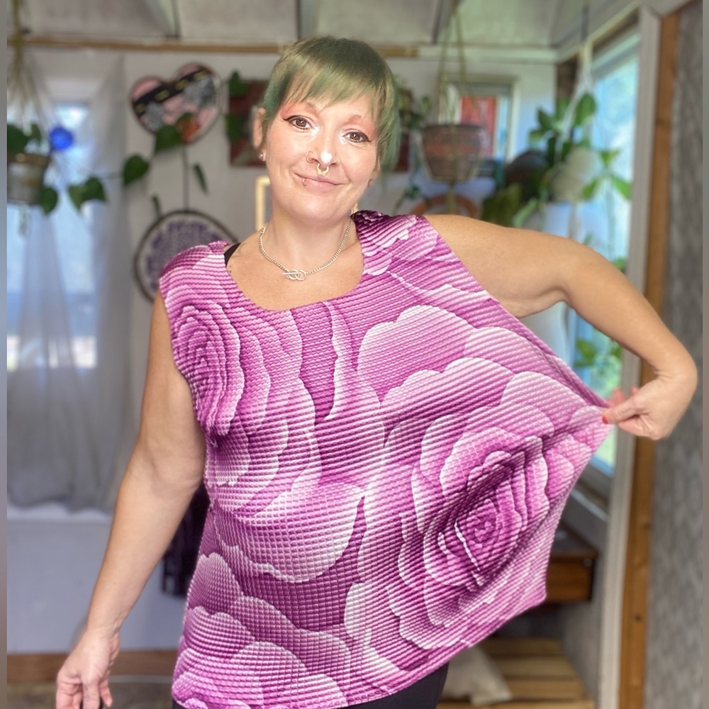 Vintage Y2K 90s Rose Floral Purple Accordion Style Blouse 1X Small Medium Large - Picture 9 of 16